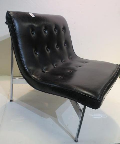 Barcelona Style Leather and Chrome Side Chair:: Barcelona Style Leather and Chrome Side Chair: Button Tufted Seat and Back with Piping. Belting Straps Support the Frame. Tubular Legs with X Stretcher. After the Minimalist Bent Frame Meis Van Der Ro