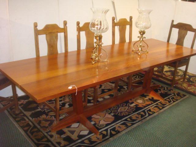 Mission Style 10 Ft. Long Solid Cherry Table:: Mission Style 10 Ft. Long Solid Cherry Table: Set on Trestle Base with Trestle Brace under Top. Hand Made with 2" Thick Top. Easily Seats 8-10 Chairs. 2nd Half of 20th C. 120" X 42"W X 30"T. Bidding s
