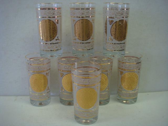 Eight Mid Century Gold Aztec Design Highball Glasses:: Eight Mid Century Gold Aztec Design Highball Glasses: Each Glass has Gold Aztec or Mayan Design with Frosted and Gold Accents. 5 1/2"T. (60-100)