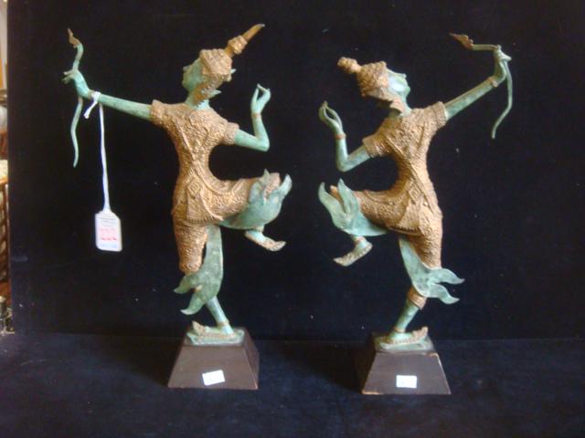 Pair of Gilt Bronze Thai Prince Phara Rama w/Bows:: Pair of Gilt Bronze Thai Prince Phara Rama w/Bows: Left and Right Facing Figures Holding Bows with Face and Limbs in Verdigris Finish and Gilt Clothing and Headdress. Mounted on Wooden Trapezoid Bases