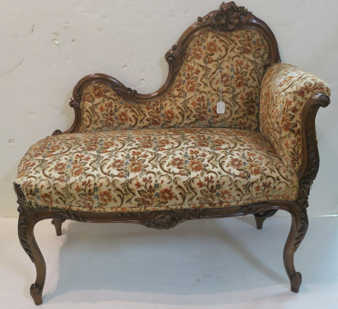 Vintage French Child's Chaise Lounge or Fainting Chair: Vintage French Child's Chaise Lounge or Fainting Chair Carved Wood Frame Detailed with Foliage, Fans, Fruit, and Flowers. Cut Velvet Upholstery. Frame in Excellent Condition, Needs to be Re-Upholster.