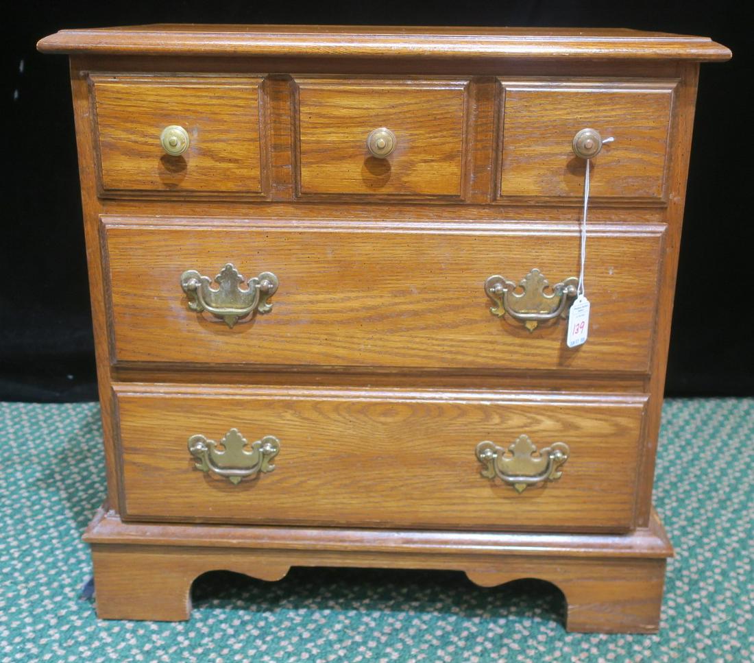 PENNSYLVANIA HOUSE Oak 3 Drawer Campaign Chest:: PENNSYLVANIA HOUSE Oak 3 Drawer Campaign Chest: Top Drawer with Three Knobs, over 2 Drawers with Brass Bail Handles on Bat Escutcheons. Ogee Front & Back Legs. Side Cary Handles. Ex. Cond. 21 1/2"T X 