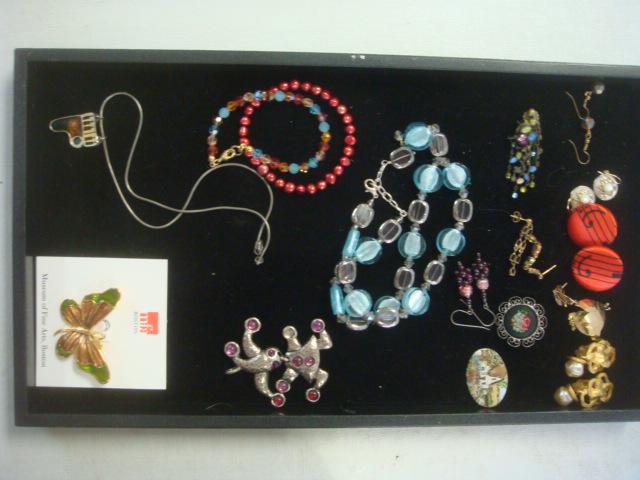 Medley of Ladies Costume Jewelry:: Medley of Ladies Costume Jewelry: Butterfly Pin, Sophie Goetsch Pendant, 7 Pair Pierced Earrings, I Pair Clip. Petit Point and Enamel Landscape Pins, 2 Fashion Necklaces, Fused Glass Piano Pendant, 2 