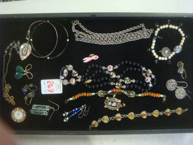Array of Ladies Costume Jewelry:: Array of Ladies Costume Jewelry: 2 Bangle Bracelets, 7 Pair Pierced Earrings, Enamel Pendant, Watch Face, 3 Bracelets-One Sterling with Embedded Flowers. Liz Paiacious Necklace, 24" Chain Necklace, Bl