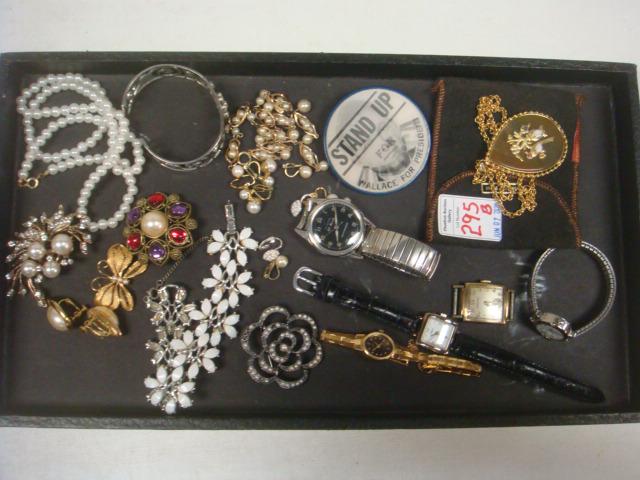 Costume Jewelry Pins, Necklaces, Earrings, More:: Costume Jewelry Pins, Necklaces, Earrings, More: Faux Pearl Bead Necklaces and Earrings, Silver Tone Bracelet with White Leaves, 14kt Gold Filled Hamilton Watch (working) No Band. Bulova 23 Jewels Sel