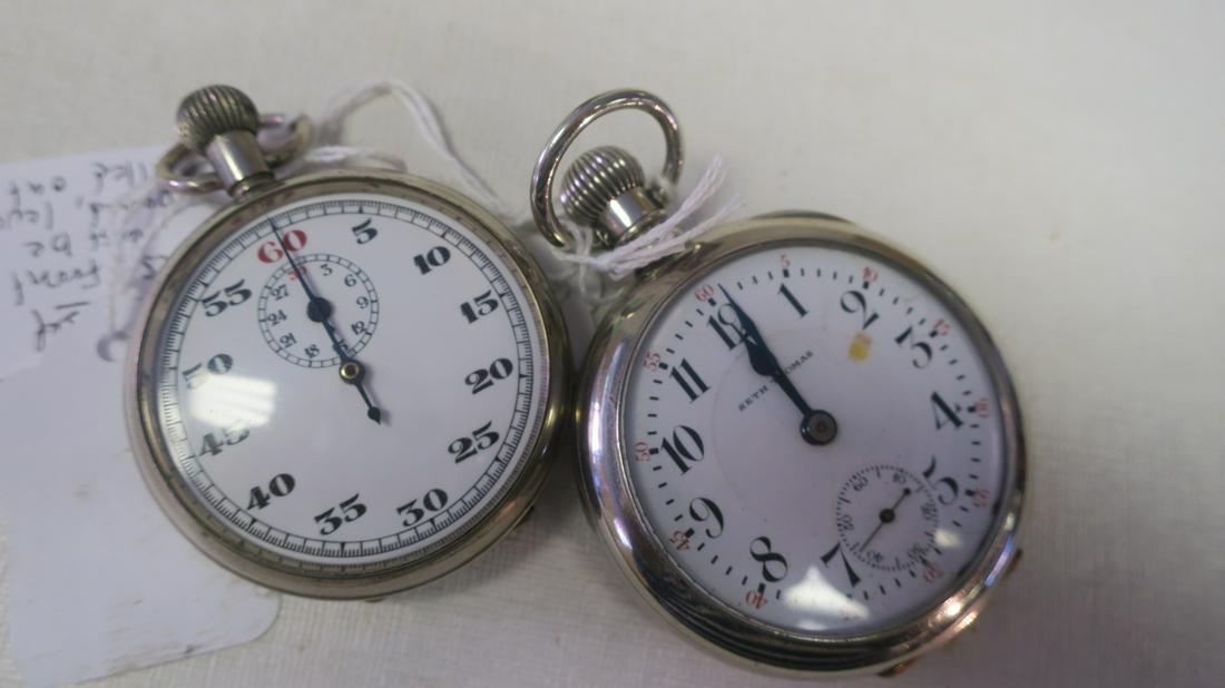 WWII Military Issue Stopwatch and Seth Thomas Watch:: WWII Military Issue Stopwatch and Seth Thomas Watch: Stopwatch Engraved A.M. 6b/117 3598/42. Working Condition, Unknown Maker. C. 1942. 2 1/8"D. Seth Thomas Silveroid Case Pocket Watch, Size 18s, 15 J