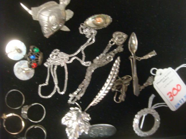 Collection of Sterling Silver Jewelry:: Collection of Sterling Silver Jewelry: Includes Pins, Screw On Earrings and Two Necklaces, One with Abalone Shell Pendant. 17 Pieces. (100-200)