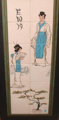 Framed Asian Tile Plaque:: Framed Asian Tile Plaque: Twelve Hand Painted Tiles with Male and Female Figures having Raised Gold Accents. Bonsai Tree at Bottom with Applied Flowers. Double Framed in Green with Brushed Gold Frame 