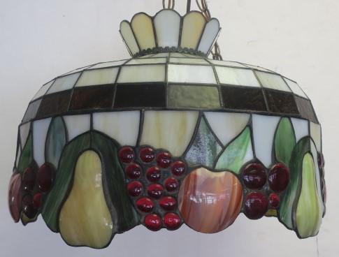 Vintage Tiffany Style Leaded Glass Shade with Fruit:: Vintage Tiffany Style Leaded Glass Shade with Fruit: Large Dome Shape Shade Topped by Glass Crown over Amber Banded Body. Colorful Mixed Fruit around Lower Edge. 1 Small Crack. 21"W, 21" D. (150-300)