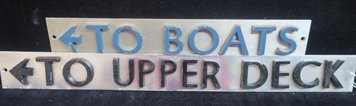 SS UNITED STATES, Two Signs TO UPPER DECK, TO BOATS:: SS UNITED STATES, Two Signs TO UPPER DECK, TO BOATS: 2" X 17" "TO UPPER DECK" and 2" x 12 1/2" "TO BOATS" Aluminum with Applied Letters From ss UNITED STATES AUCTION, OCTOBER, 1984: (100-200)
