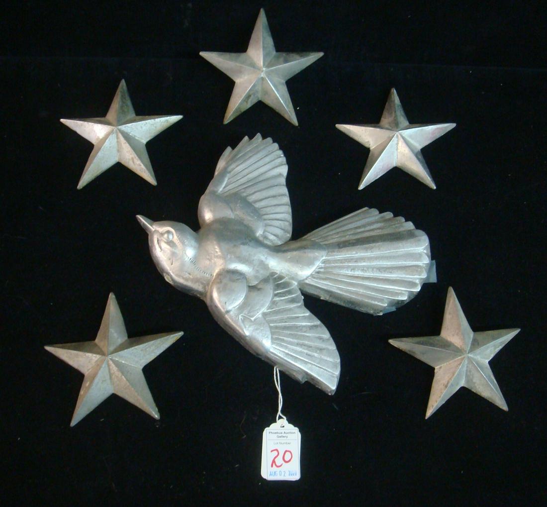 AUSTIN M PURVIS, Base Relief from ss UNITED STATES:: AUSTIN M PURVIS, Base Relief from ss UNITED STATES: "FLYING SONGBIRD" Wall Decoration and Five Five Pointed Stars. Cast Aluminum, 9" x 10", Stars are 4 1/2" Across. With Wall Mountings. From ss UNITED
