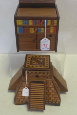 Two Vintage Wooden Cigarette Dispensers:: Two Vintage Wooden Cigarette Dispensers: Marquetry Pyramid Mechanical Cigarette Box has Lift Lid to Raise the Cigarettes. Slanted Front Opens to Hold Matches. 4 1/2"T, 7 1/2" X 7 1/2". Mid-Century Ani