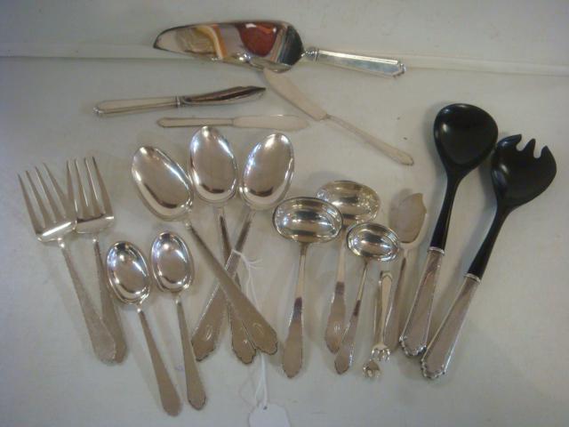 18 Sterling Silver LUNT WILLIAM & MARY Serving Pieces:: Eighteen Sterling Silver LUNT "William & Mary" Serving Pieces: Some Marked Treasure and Some with D Monogram. Includes Cake/Pie Server, Sterling Handled Salad Set, Sugar Tongs, Cream Ladle, 2 Gravy La