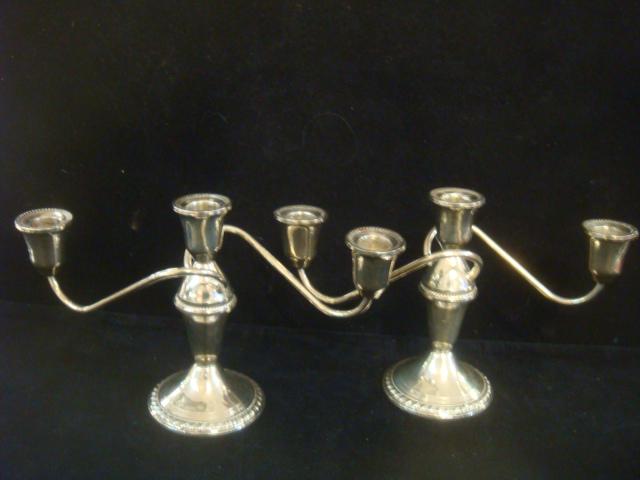 Pair of Sterling 3 Light Duchin Creation Candelabra:: Pair of Sterling 3 Light Duchin Creation Candelabra: 1940's Graceful S-Curved Arms to Candle Cups with Gadrooning Around Edge. Pattern Repeated at Center and Around Foot. Converts to Single Light when