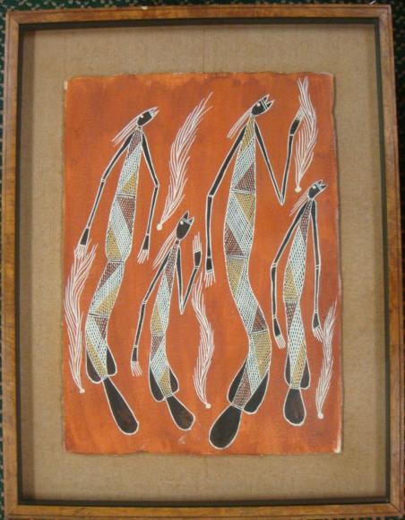 ABORIGINAL Bark Cloth Framed Painting:: ABORIGINAL Bark Cloth Framed Painting: Figural Design Using Organic Earth Pigments. Indigenous People Create Ceremonial Pieces Using Dyes on the TAPA Cloth. The Repetitive Motif of the 4 Women is Moun