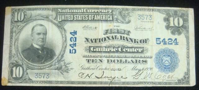 NATIONAL BANK NOTE, 1ST NATIONAL BANK GUTHRIE CENTER:: NATIONAL BANK NOTE, 1ST NATIONAL BANK GUTHRIE CENTER: Ten Dollar Note Signed by Cashier and Bank President, of Guthrie Center, Iowa. Notes were Secured by Bonds Deposited in the US Treasury. Crash of 