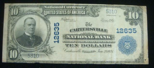 NATIONAL BANK NOTE, CARTERVILLE NATIONAL BANK, Large:: NATIONAL BANK NOTE, CARTERVILLE NATIONAL BANK, Large: Ten Dollar Note, Unsigned, President McKinley to Left, Female Allegory of Peace and War with Battleship Maine and Steamship on Back. Dated Jan 27,