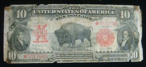 TEN DOLLAR NOTE, 1901, UNITED STATES NOTE, Large Size:: TEN DOLLAR NOTE, 1901, UNITED STATES NOTE, Large Size: American Buffalo Center, Portrait of Lewis on Left and Clark on Right. Back features Female allegorical Figure in Arch. Speelman/White with Red S