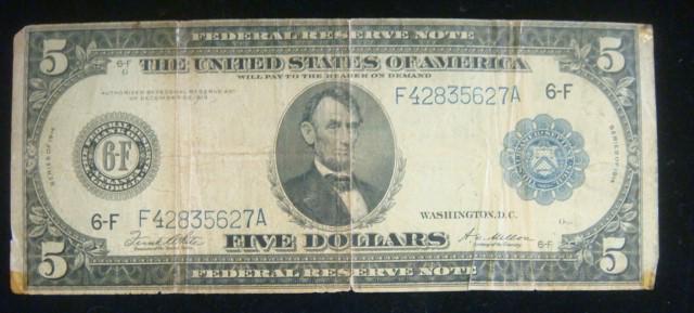 Five Dollar Note, 1914, Federal Reserve Note, Large:: Five Dollar Note, 1914, Federal Reserve Note, Large: Portrait of Lincoln on Face, Back Features Columbus Sighting Land and Pilgrims Landing at Plymouth Rock. Very Good Condition, Circulated, Small Tea