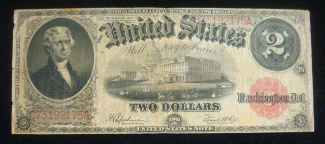 Two Dollar Note, 1917 Legal Tender Note, Large Size:: Two Dollar Note, 1917 Legal Tender Note, Large Size: Jefferson to Left with Capitol Centered on Front, Back with Shield and Circles Design. Signed Speelman/ White with Red Seal. Very Good Condition, (