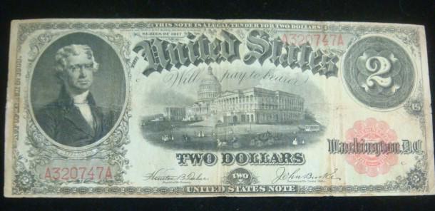 Two Dollar Note, 1917 Legal Tender Note, Large Size:: Two Dollar Note, 1917 Legal Tender Note, Large Size: Jefferson to Left with Capitol Centered on Front, Back with Shield and Circles Design. Signed Teehee/ Burke with Red Seal. Fine Condition, (100-200