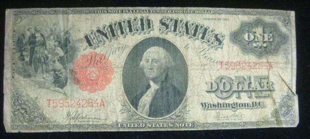 US ONE DOLLAR "RAINBOW NOTE" LARGE, LEGAL TENDER 1917:: US ONE DOLLAR "RAINBOW NOTE" LARGE, LEGAL TENDER 1917: Large Number of Colors used in Printing, Red, Green, Black, and Blue Shading of Note Itself. Signed Speelman/White. Good Condition. (60-150)