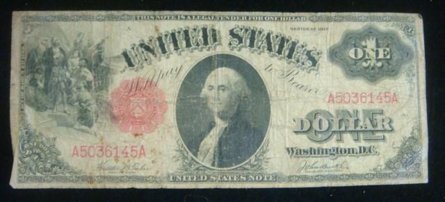 US ONE DOLLAR "RAINBOW NOTE" LARGE LEGAL TENDER, 1917:: US ONE DOLLAR "RAINBOW NOTE" LARGE LEGAL TENDER, 1917: Large Number of Colors used in Printing, Red, Green, Black, and Blue Shading of Note Itself. Signed Teehee/Burke. Good Condition. (80-150)