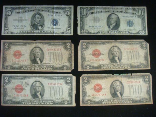 Four 1928 2 DOLLAR BILLS, 1953 5 DOLLAR & 1O DOLLAR:: Four 1928 2 DOLLAR BILLS, 1953 5 DOLLAR & 1O DOLLAR: NEW Money in the New Small Size. $10 is in Fine Condition, $5 is Very Fine and Twos are in Good Condition. (50-100)