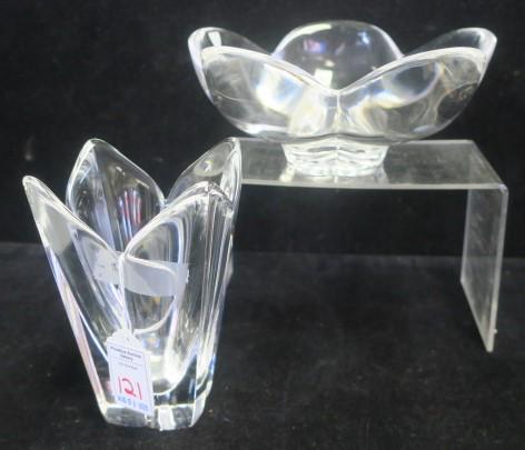 Two ORRIFORS Clear Crystal Vase and Bowl:: Two ORRIFORS Clear Crystal Vase and Bowl: Crystal Lotus Vase with Sticker. 5 3/4"T, 4 1/2"W. Etched Signed. Five Lobed, Low Clear Crystal Pomona Flower Bowl with Sticker. Small Crack on Bottom of Foot