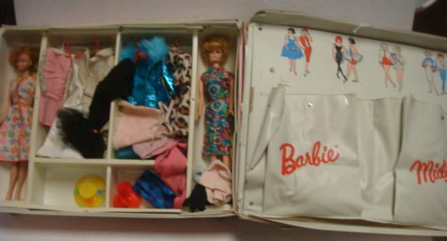 Vintage Barbie & Midge Dolls in Case with Clothes:: Vintage Barbie & Midge Dolls in Case with Clothes: Blonde Bubble Hair Barbie Post 1964-1967. Damage to Head. Marked Midge T.M. c 1962 Barbie 1958 by Mattel, Inc. Patented. Titian Hair Midge Marked Bar
