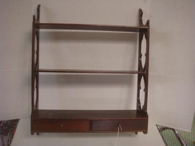 Three Tier Hanging Wall Shelf:: Three Tier Hanging Wall Shelf: Open Back and Sides with Lattice Work. Two Side by Side Drawers with Brass Knobs at Lower End. 26"T X 21"W X 7"D. (40-80)