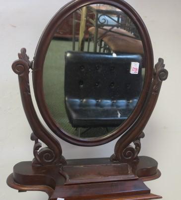 19th Century Walnut Gentleman's Shaving Mirror:: 19th Century Walnut Gentleman's Shaving Mirror: Oval Swing Mirror in Carved Harp. Shaped Stand includes Hinged Accessory Box Gadroon and Swivel Base. Missing Finial, Very Good Condition for Age. 27" x