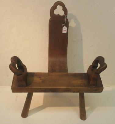 Antique Three Legged Birthing or Milking Stool:: Antique Three Legged Birthing or Milking Stool: "Great Conversation Piece." Three Splay Round Legs, Open Three Leaf Clover Handles to Get a Good Grip and PUSH! Carrying Handle in Case of Triplets. I D