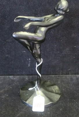 1922 FRANKART Inc. ART DECO NUDE FIGURINE:: 1922 FRANKART Inc. ART DECO NUDE FIGURINE: 1922 FRANKART Nude, Painted Black over Metal Stamped Frankart 1922 T301. 10" Tall and 6" Deep Missing Slag Glass Dish. Minor Paint Loss. Arthur von Frankenbe