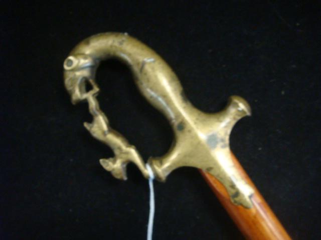 Vintage Brass Topped JAGUAR CATCHES RABBIT Cane:: Vintage Brass Topped JAGUAR CATCHES RABBIT Cane: Brass Jaguar and Rabbit Sword Hilt and Handle Grip on Wooden 39" Cane with Rubber Tip. (100-200)