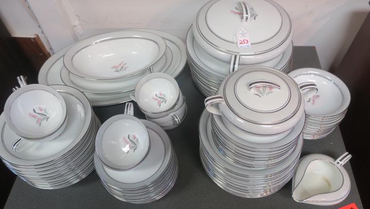 NORITAKI Lily bell Dinnerware Service, 85 Pieces:: NORITAKI Lily bell Dinnerware Service, 85 Pieces: White Ground with Pink and Gray Flowers, Gray Border, Platinum Rim. CA 1954-1963. Eleven Each Dinner Plates, Bread Plates, Soup Bowls and Saucers. 12 
