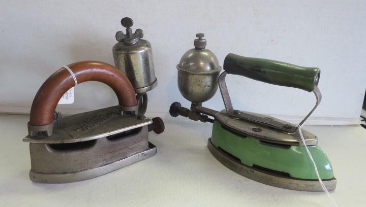 Two Antique Cast Iron and COLEMAN Gas Sad Irons:: Two Antique Cast Iron and COLEMAN Gas Sad Irons: Coleman No.5 Green Enamel Gas Iron Ca 1930-32. The Last of The Torch Lighting Non Pressurized Coleman Irons. Includes Nickle Plated Tank. Overall Good
