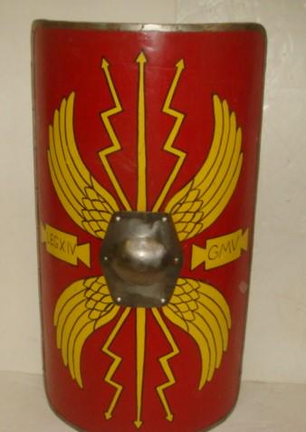 Roman Legionaire's SECTUM or Shield, Replica 1st Cent:: Roman Legionaire's SECTUM or Shield, Replica 1st Cent: Classic Convex Rectangular Wooden Shield Decorated with Wings and Thunderbolts, and XIV Legion and GMV Metal Center Boss or UMBO Covers Handgrip 
