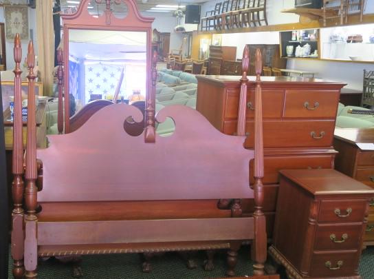 4 Pc. Solid Mahogany Bedroom Set by Continental:: 4 Pc. Solid Mahogany Bedroom Set by Continental: Includes Poster Bed with Scroll Pediment, Smooth & Fluted Posters, Gadrooned Bottom. 6 Drawer Chest on Chest, 3 Drawer Night Stand, 7 Drawer Kneehole V