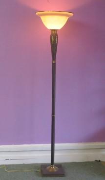 Leather Wrapped Torchiere Lamp with Frosted Shade:: Leather Wrapped Torchiere Lamp with Frosted Shade: Square Base with Brass Cap, Round Pole Rising to Upper Vasoform Section. Gilt Bellflower Designs to Metal Reticulated Collar. Frosted Upturned Shade 