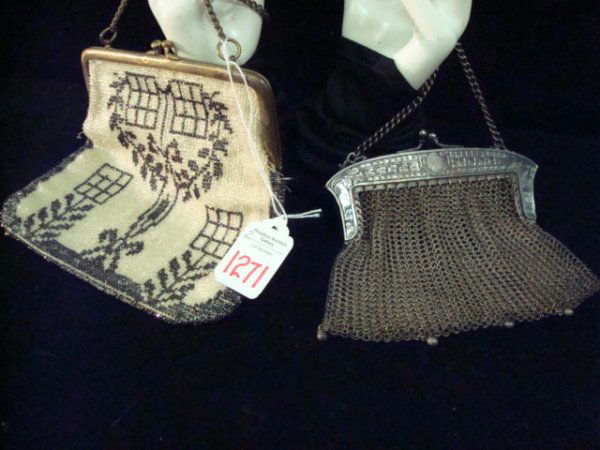 Vintage Beaded and Chain Mesh Evening Bags: 1271. Vintage Beaded and Chain Mesh Evening Bags: black and White Seed Bead with Chain Handle and Brass Frame. Mesh Bag Marked German Silver on Frame, Chain Handle and Ball Trim.