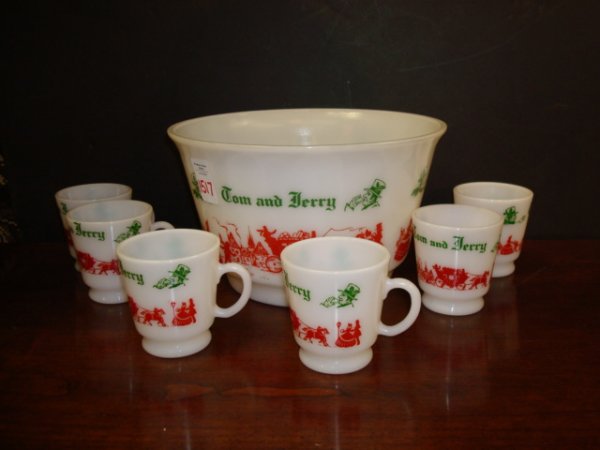 ANCHOR HOCKING Milk Glass Tom and Jerry Set: 1517. ANCHOR HOCKING Milk Glass Tom and Jerry Set: 9 3/4"D, 5 3/4"T Bowl with 6 Matching 3"T Mugs. Red and Green Design on White Ground. Great for that Holiday Egg Nog.