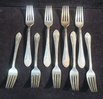 Forks of the ss UNITED STATES, MANHATTAN Pattern:: Forks of the ss UNITED STATES, MANHATTAN Pattern: By International Silver, Marked US Lines 52 or UNITED STATES LINES. Five Luncheon and Four Dinner Forks. From SS United States Auction, October 1984. 