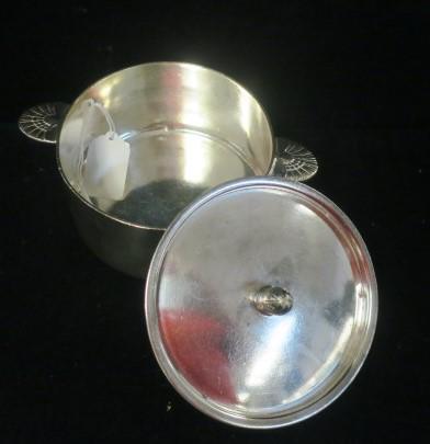 SS UNITED STATES, SILVER SOLDERED CASSEROLE with Lid:: SS UNITED STATES, SILVER SOLDERED CASSEROLE with Lid: By International Silver, Marked U S Lines 52. 20 oz. 5 1/2" Diameter with Manhattan Style Handles. From SS UNITED STATES AUCTION, OCTOBER 1984. (2
