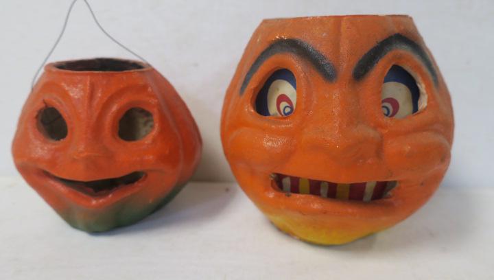 Two Vintage Papier Mache Pumpkins, One with Insert:: Two Vintage Papier Mache Pumpkins, One with Insert: 6" Tall Bucket with Paper Insert Showing Eyes & Assorted Teeth.(Wire Handle Missing), Good Condition. Other 4 3/4"T, Wire Handle Present. Very Good