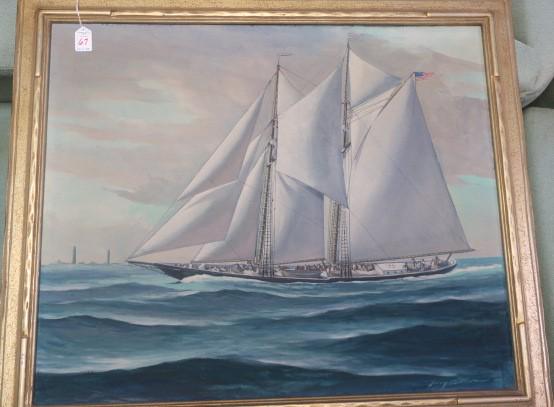 LARRY O'TOOLE, SCHOONER OFF CAPE ANN, Oil on Canvas:: LARRY O'TOOLE, SCHOONER OFF CAPE ANN, Oil on Canvas: Larry O'Toole (1908-1951) Official USCG and Marine Artist, Painted a Big Schooner Passing the Twin Lights at Cape Ann, Massachusetts on a Port Tack