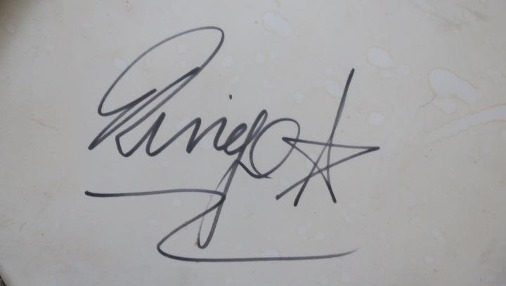 RINGO STARR AUTOGRAPHED REMO DRUM HEAD and Drum:: RINGO STARR AUTOGRAPHED REMO DRUM HEAD and Drum: 16 1/2" Tom Tom Drum with REMO WEATHER KING, Ambassador Batter Drum Head. Owner was Present when Drum Was Signed by Ringo Starr. Certificate of Authent