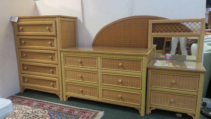 Henry Link Natural Beige Wicker 5 Pc. Bedroom Set:: Henry Link Natural Beige Wicker 5 Pc. Bedroom Set: Lexington Group Includes Arched Queen Size Headboard, 48"T, High 5 Drawer Dresser,48"T., 6 Drawer Low Dresser-46" W, 2 Drawer Night Stand-24"T, and R
