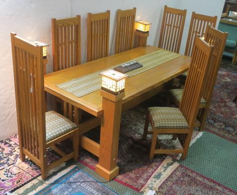 Unique Frank Lloyd Wright Style Dining Set w/Lights:: Unique Frank Lloyd Wright Style Dining Set w/Lights: Built by Richard Horn from Prairie Spirit Workshop in Midlothian, Va. who was Fascinated by FLW's work. built this 87" X 37" Rectangular Table Set