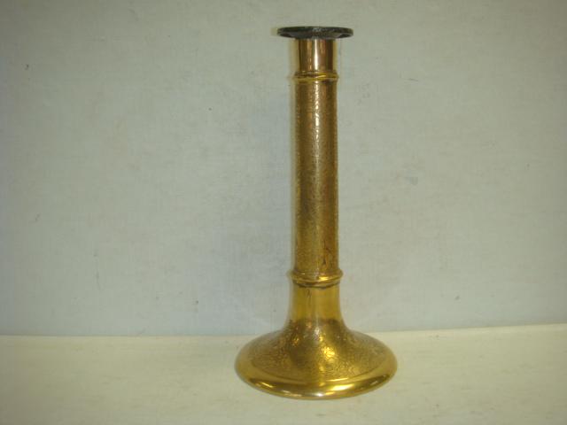 MINTONS for TIFFANY Gilt Candlestick: (Repaired): MINTONS for TIFFANY Gilt Candlestick: (Repaired) Tapered Columnar Porcelain Candlestick Encrusted with Gilt Floral Exterior. Candlestick ha been Broken and Carefully Repaired. Candle Cup Replaced. 10"